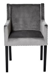 Grauer Samtstuhl mit Armlehnen und schwarzen Beinen, Vorderansicht