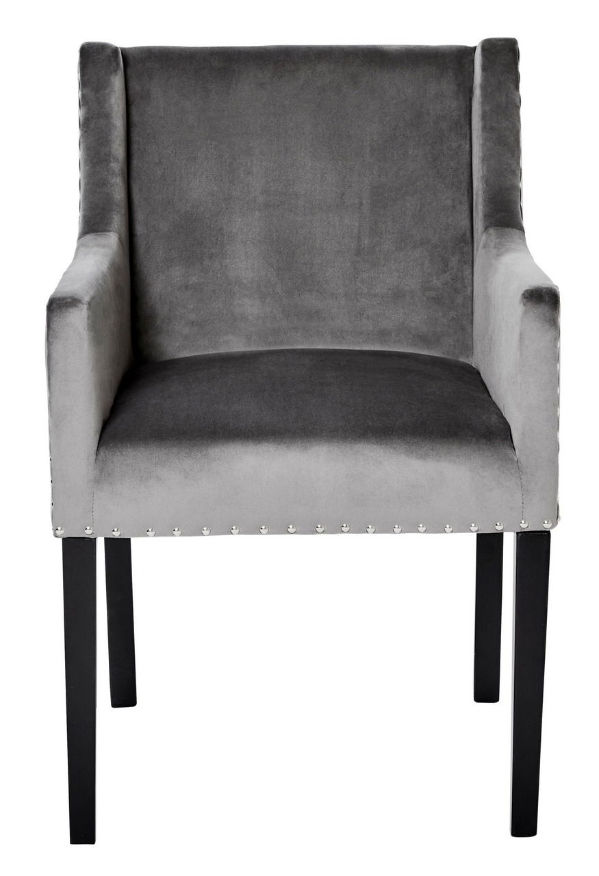 Grauer Samtstuhl mit Armlehnen und schwarzen Beinen, Vorderansicht