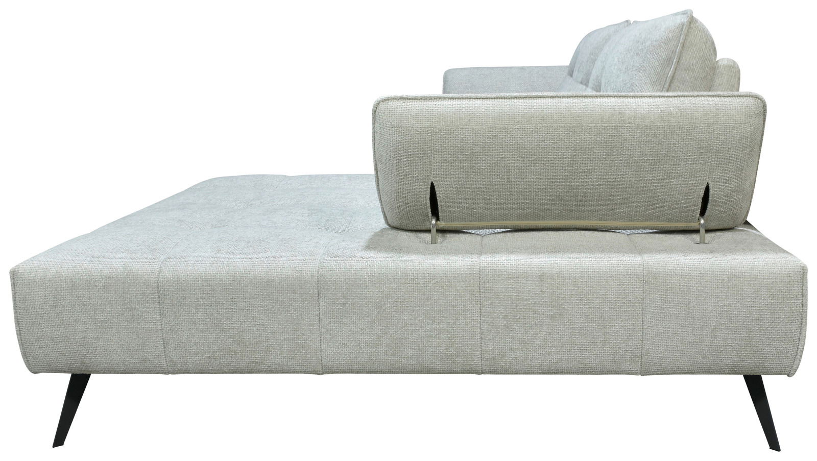 Seitenansicht einer grauen Longchairkombination mit verstellbarer Rückenlehne und schwarzen Beinen.