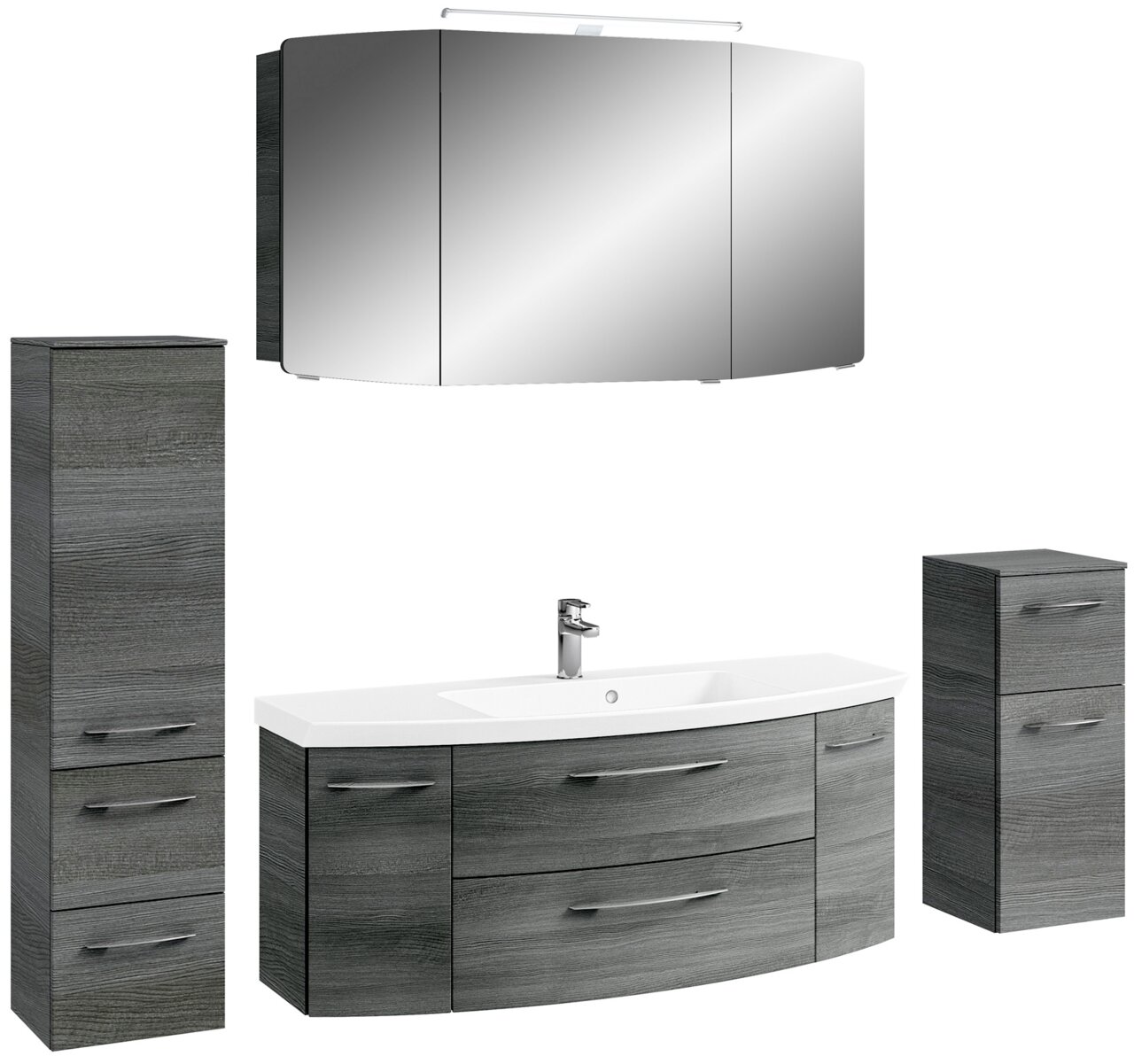 Moderne Badkombination in grauer Holzoptik mit Spiegelschrank, Waschbeckenunterschrank und zwei zusätzlichen Schränken, frontal abgebildet.