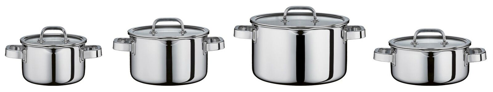 Vier-teiliges Topfset aus Edelstahl mit Glasdeckeln, seitliche Perspektive