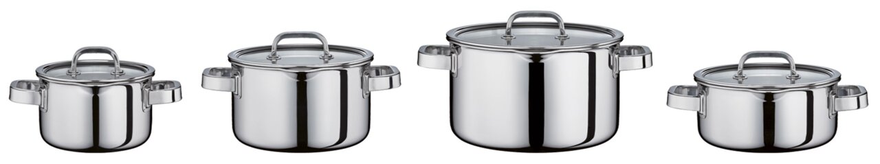 Spring Topfset 4-tlg. FINESSE2+ Vier-teiliges Topfset aus Edelstahl mit Glasdeckeln, seitliche Perspektive