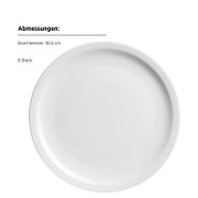 Weißer runder Speiseteller aus Porzellan, Durchmesser 30,5 cm, 6 Stück, Ansicht von oben (Draufsicht) vor weißem Hintergrund