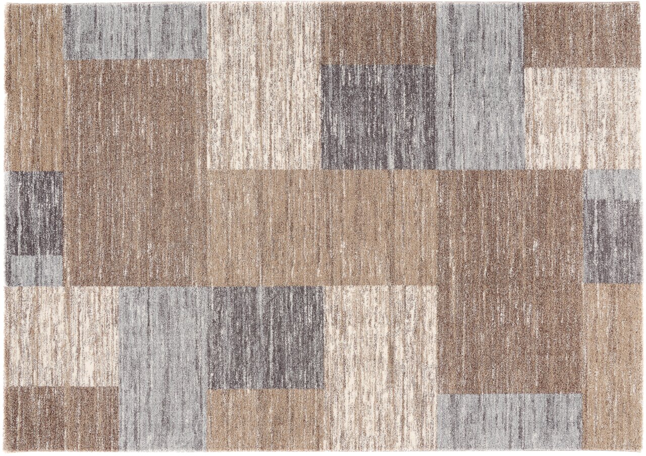 Frisé-Teppich in rechteckiger Form mit geometrischem Muster in Beige-, Grau- und Brauntönen, Draufsicht