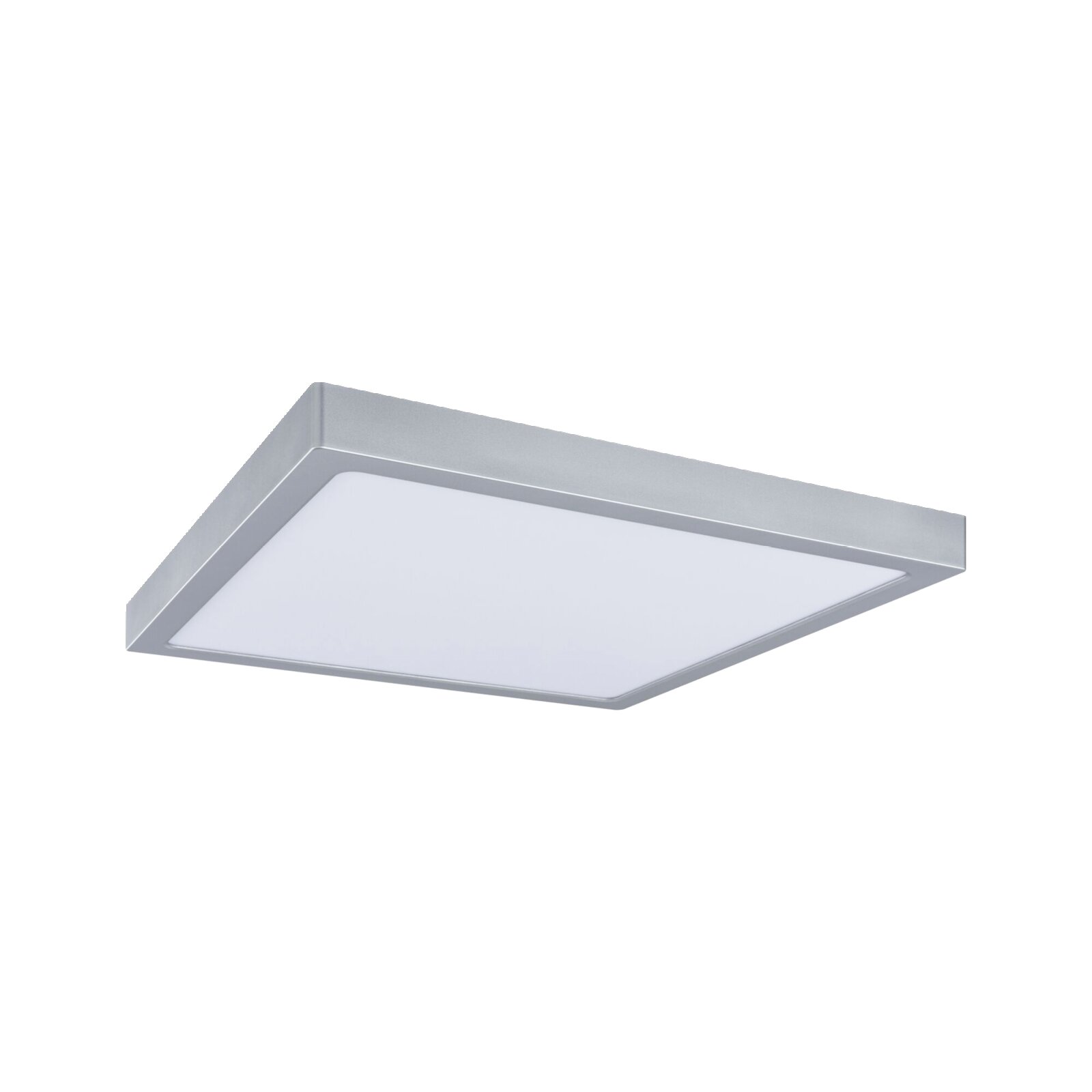 Quadratische LED-Deckenleuchte mit silbernem Rahmen und weißer Lichtfläche, schräg von unten in Perspektive auf weißem Hintergrund