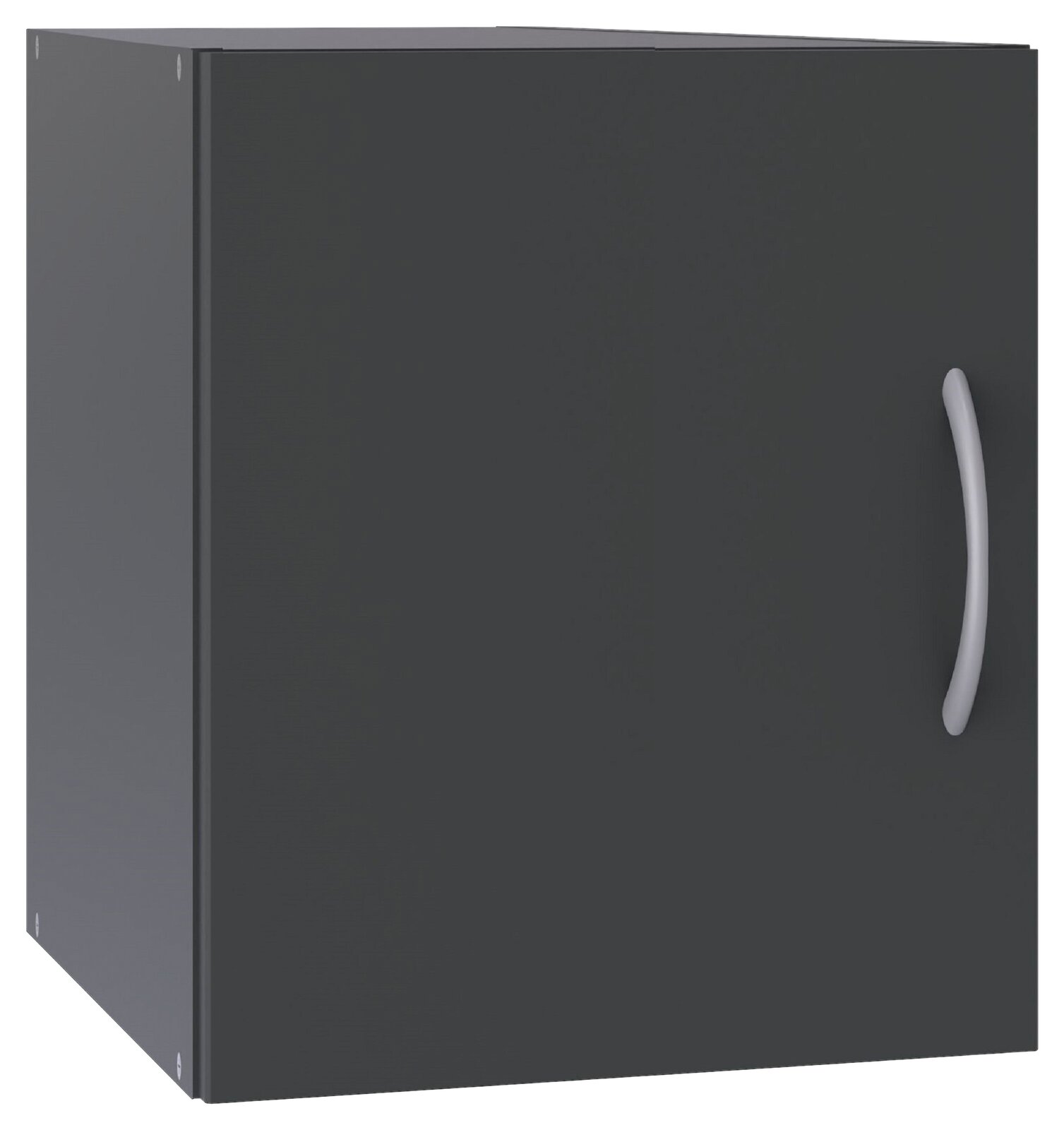 Schwarzer Schrankaufsatz mit silbernem Griff, seitliche Perspektive