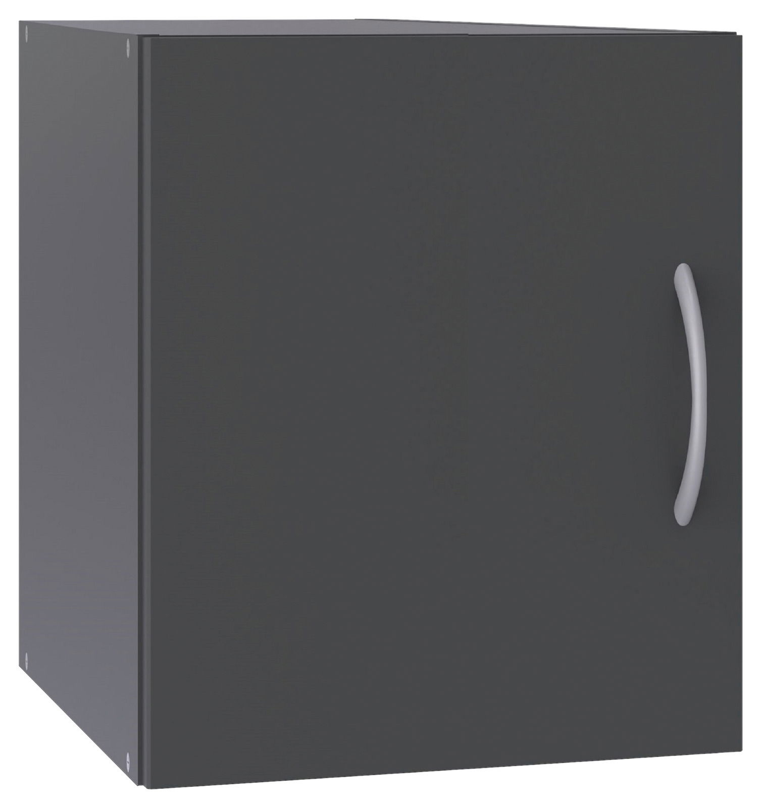 Schwarzer Schrankaufsatz mit silbernem Griff, seitliche Perspektive