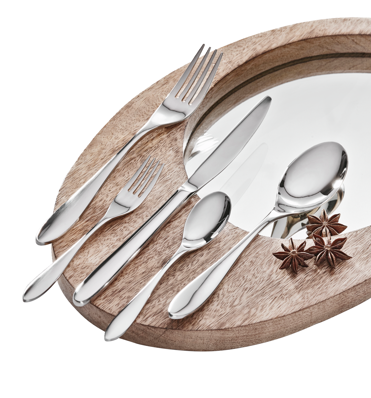 Elegantes 30-teiliges Besteckset aus Edelstahl, auf einem runden Holzbrett arrangiert, mit Blick von oben.