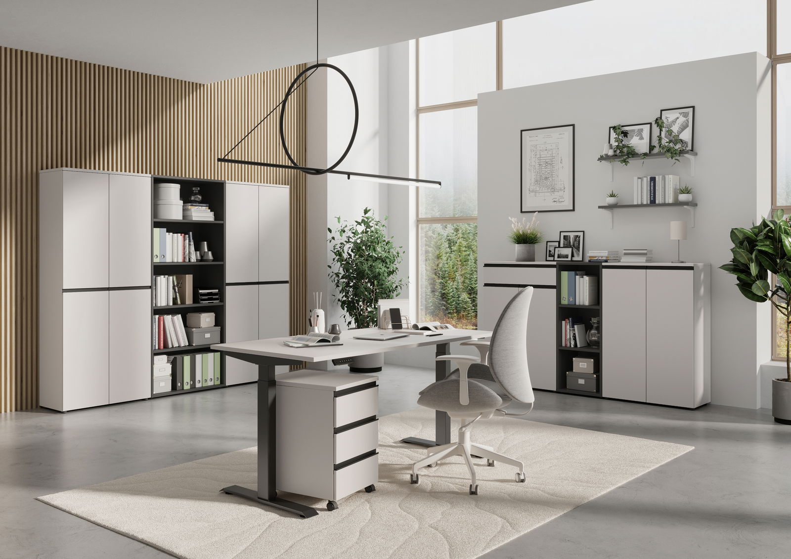 Moderner Aktenschrank in einem stilvollen Büro mit Schreibtisch und ergonomischem Stuhl, seitliche Perspektive