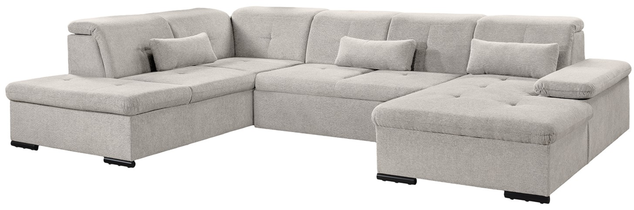 Graues Ecksofa in U-Form mit Kissen, Ansicht von vorne.