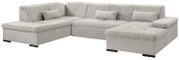 Graues Ecksofa in U-Form mit Kissen, Ansicht von vorne.