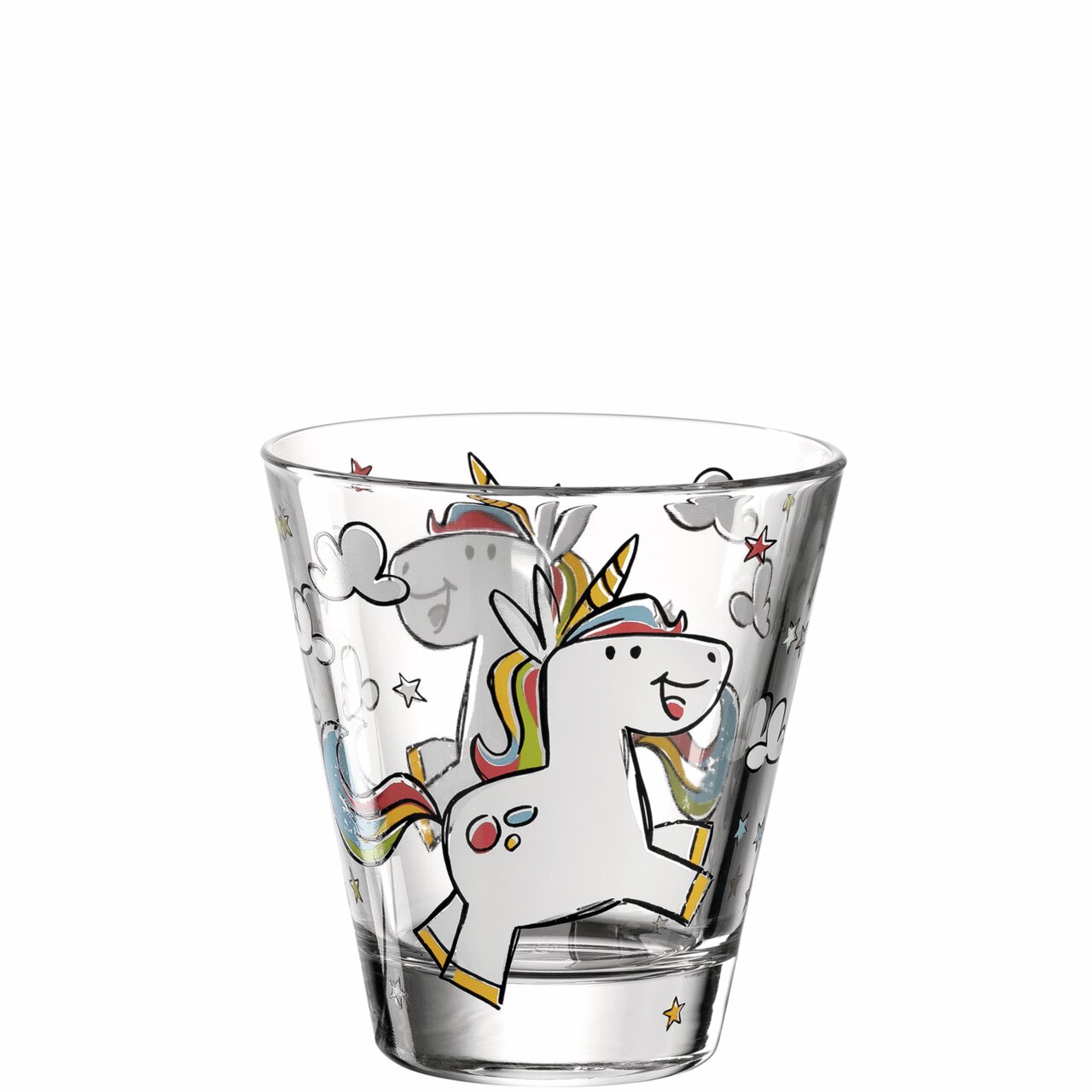 Becher Bambini Einhorn 215ml mit fröhlichem Einhorn-Design, seitliche Perspektive
