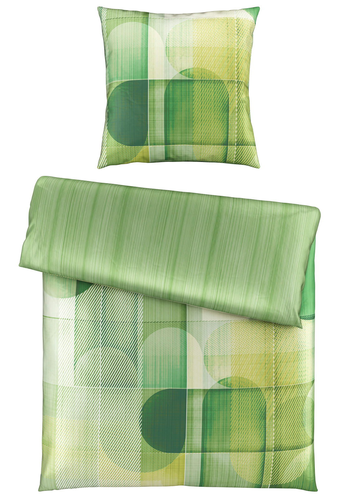 Esposa Wendebettwäsche Grüne Wendebettwäsche mit geometrischem Muster, bestehend aus einem Kissenbezug und einem Bettdeckenbezug, aus der Vogelperspektive.