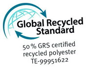 Logo des Global Recycled Standard mit 50 % GRS zertifiziertem recyceltem Polyester, Perspektive von vorne.
