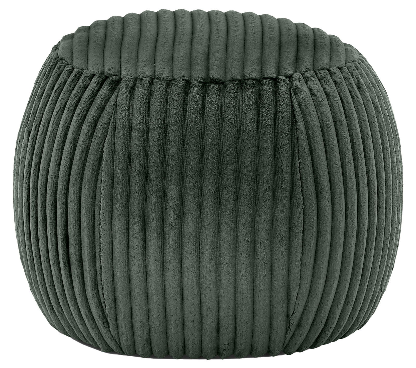 Bauchiger, gerippter Hocker in dunklem Grün aus seitlicher Perspektive