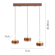 Moderne LED-Hängeleuchte mit drei runden Leuchtkörpern in Braun, von der Seite betrachtet. Höhenverstellbar von 80 bis 200 cm, Breite 72 cm.