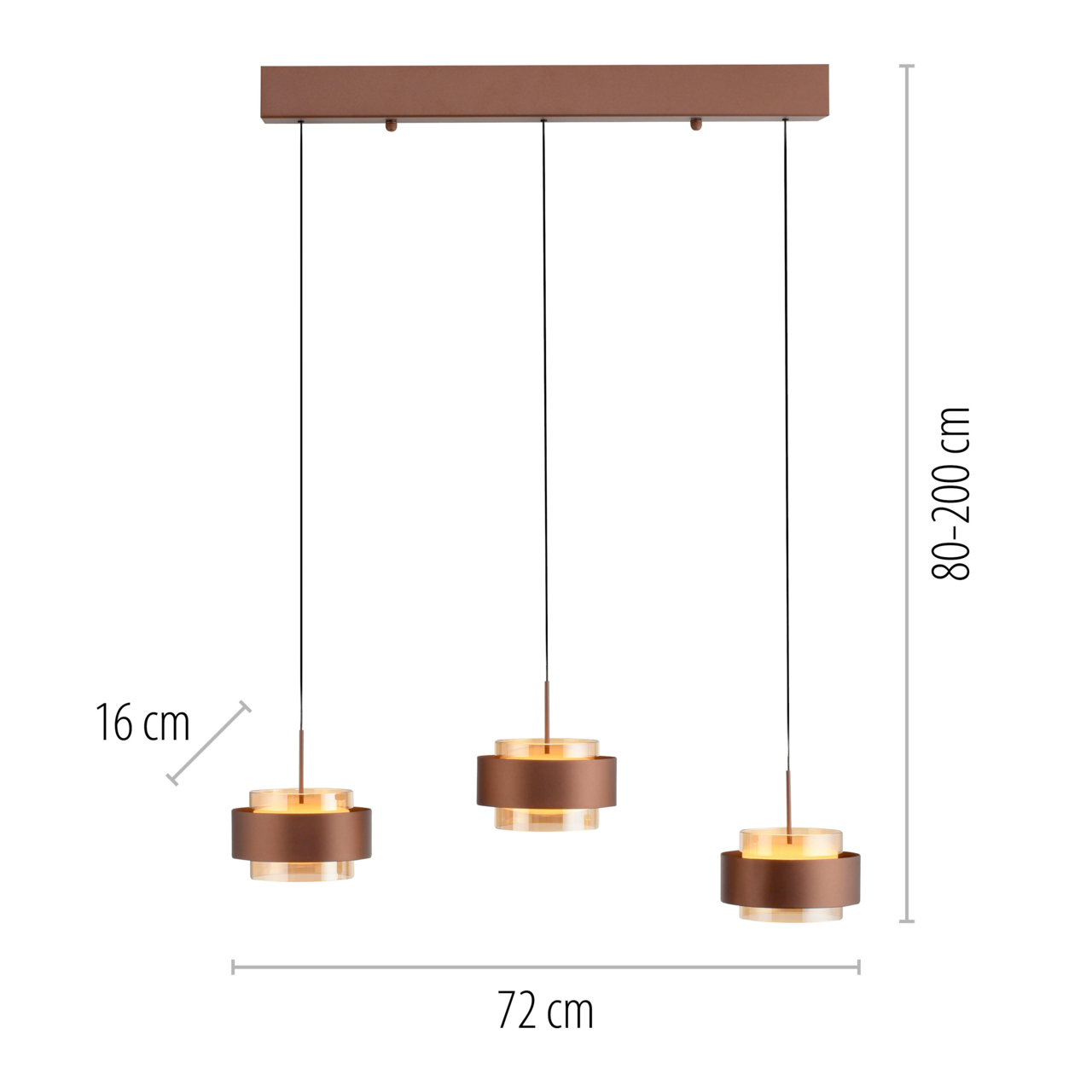 Moderne LED-Hängeleuchte mit drei runden Leuchtkörpern in Braun, von der Seite betrachtet. Höhenverstellbar von 80 bis 200 cm, Breite 72 cm.