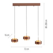 Moderne LED-hanglamp met drie ronde lampkappen in bruin, gezien vanaf de zijkant. In hoogte verstelbaar van 80 tot 200 cm, breedte 72 cm.