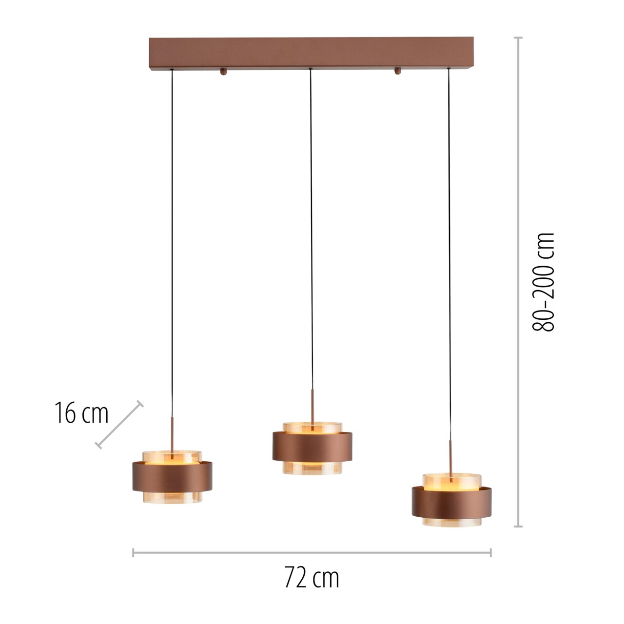 Moderne LED-hanglamp met drie ronde lampkappen in bruin, gezien vanaf de zijkant. In hoogte verstelbaar van 80 tot 200 cm, breedte 72 cm.