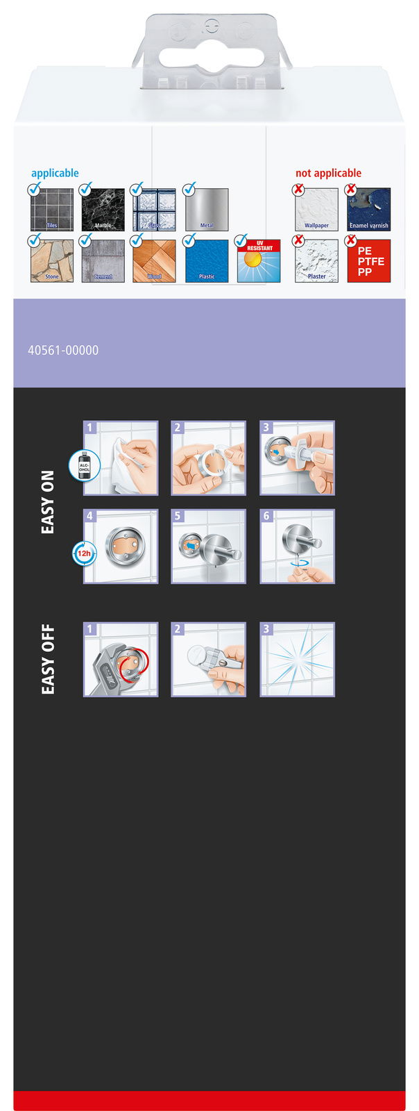 Verpackung des tesa MOON BLACK WC-Bürstenhalters mit Anwendungsanweisungen und Materialkompatibilität, Vorderansicht