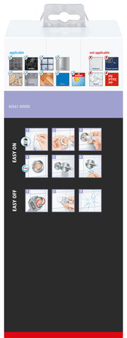 Verpackung des tesa MOON BLACK WC-Bürstenhalters mit Anwendungsanweisungen und Materialkompatibilität, Vorderansicht