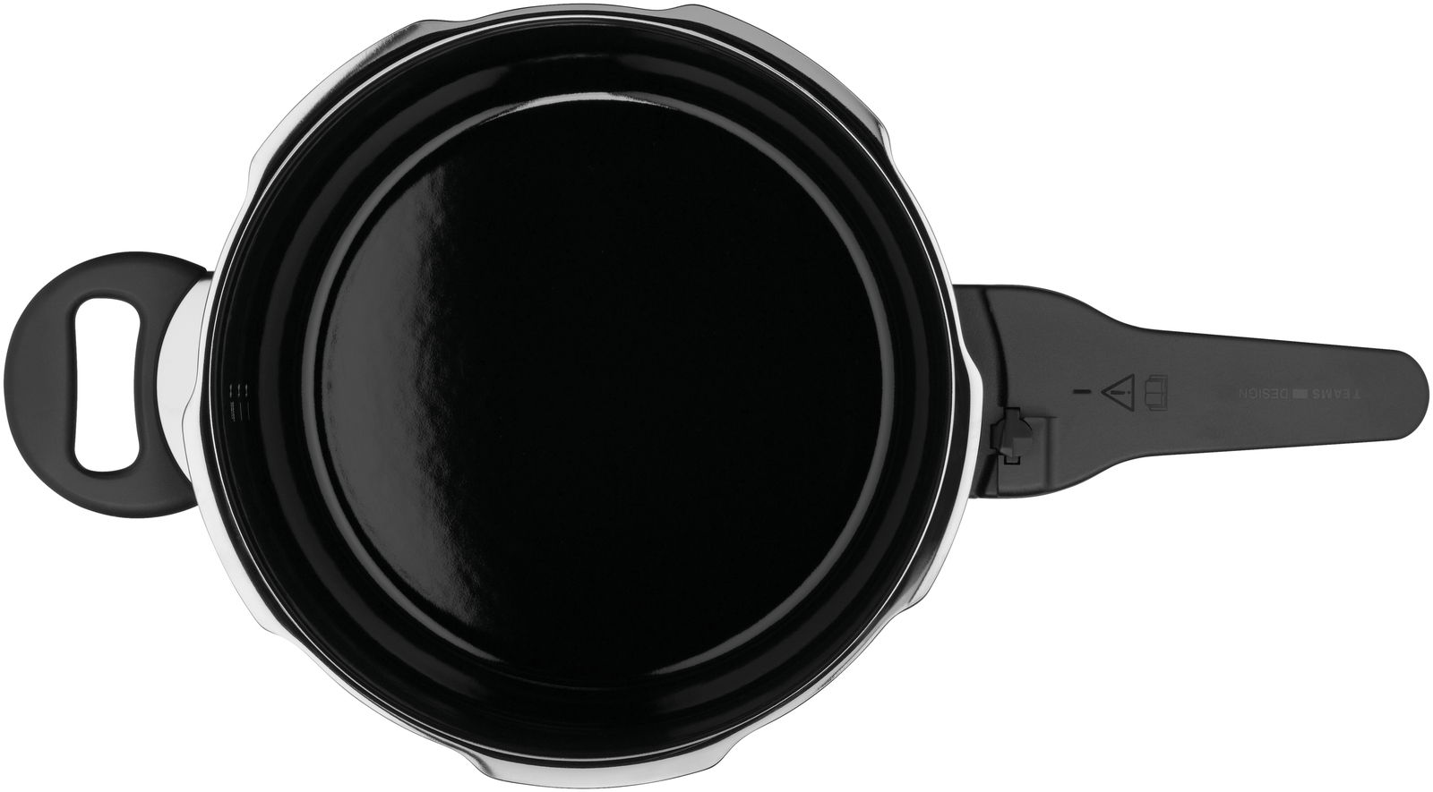 Draufsicht auf einen schwarzen Sicomatic t-Plus Schnellkochtopf mit Griffen.
