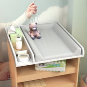 Wickelaufsatz für eine Kommode mit gepolsterter grauer Wickelauflage, seitlichem Ablagefach mit Feuchttüchern und Babyflasche sowie Teddy; Ansicht leicht von oben in schräger Perspektive.