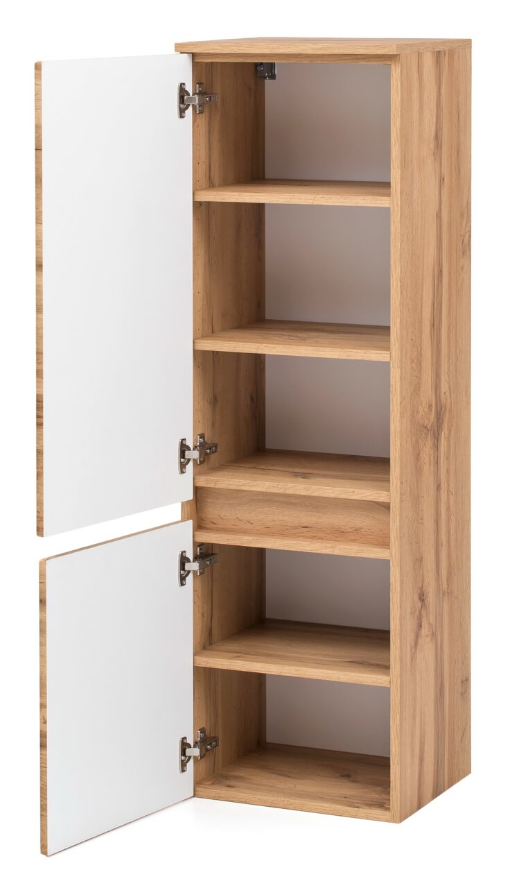 Offener Midischrank aus Holz mit weißen Türen, seitliche Perspektive