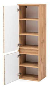 Offener Midischrank aus Holz mit weißen Türen, seitliche Perspektive