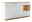 Weißes Sideboard mit Holzdetails und offenen Fächern, seitliche Perspektive