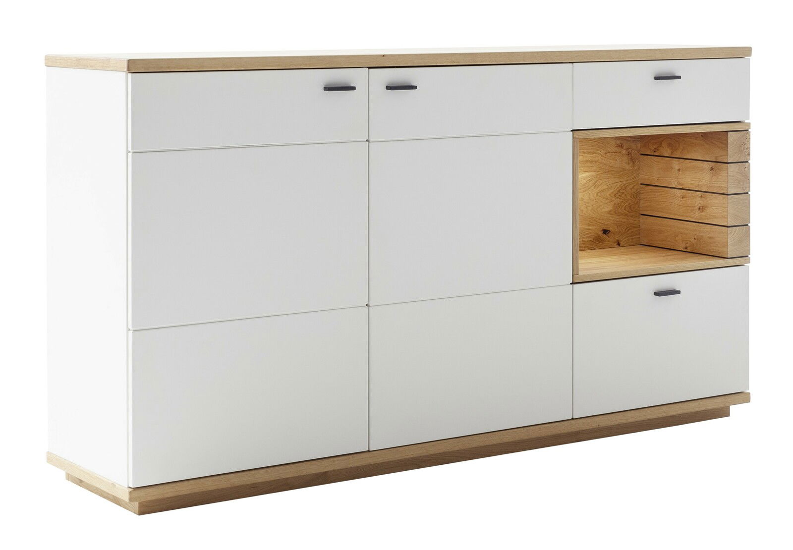 Weißes Sideboard mit Holzdetails und offenen Fächern, seitliche Perspektive