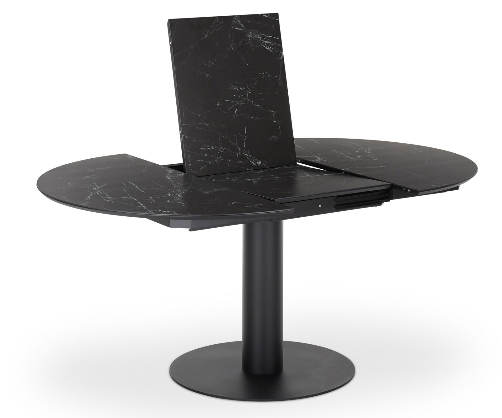 Runder Esstisch WK 852 von WK-Wohnen in schwarzer Marmoroptik, teilweise ausgezogen, seitliche Perspektive
