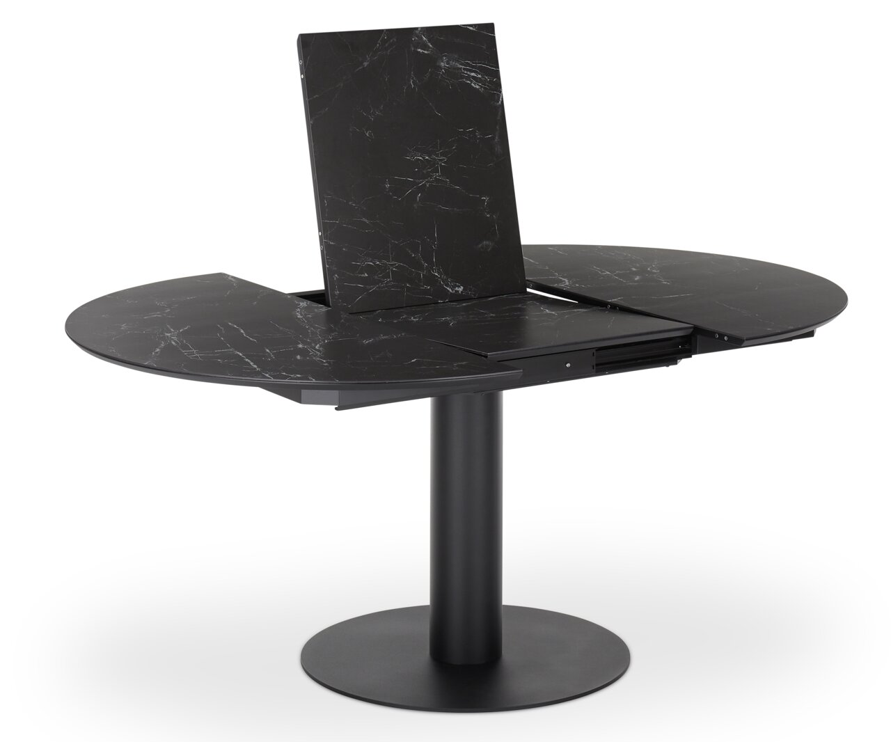 Runder Esstisch WK 852 von WK-Wohnen in schwarzer Marmoroptik, teilweise ausgezogen, seitliche Perspektive