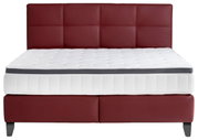 Boxspringbett mit rotem Kopfteil und weißer Matratze, Frontalansicht