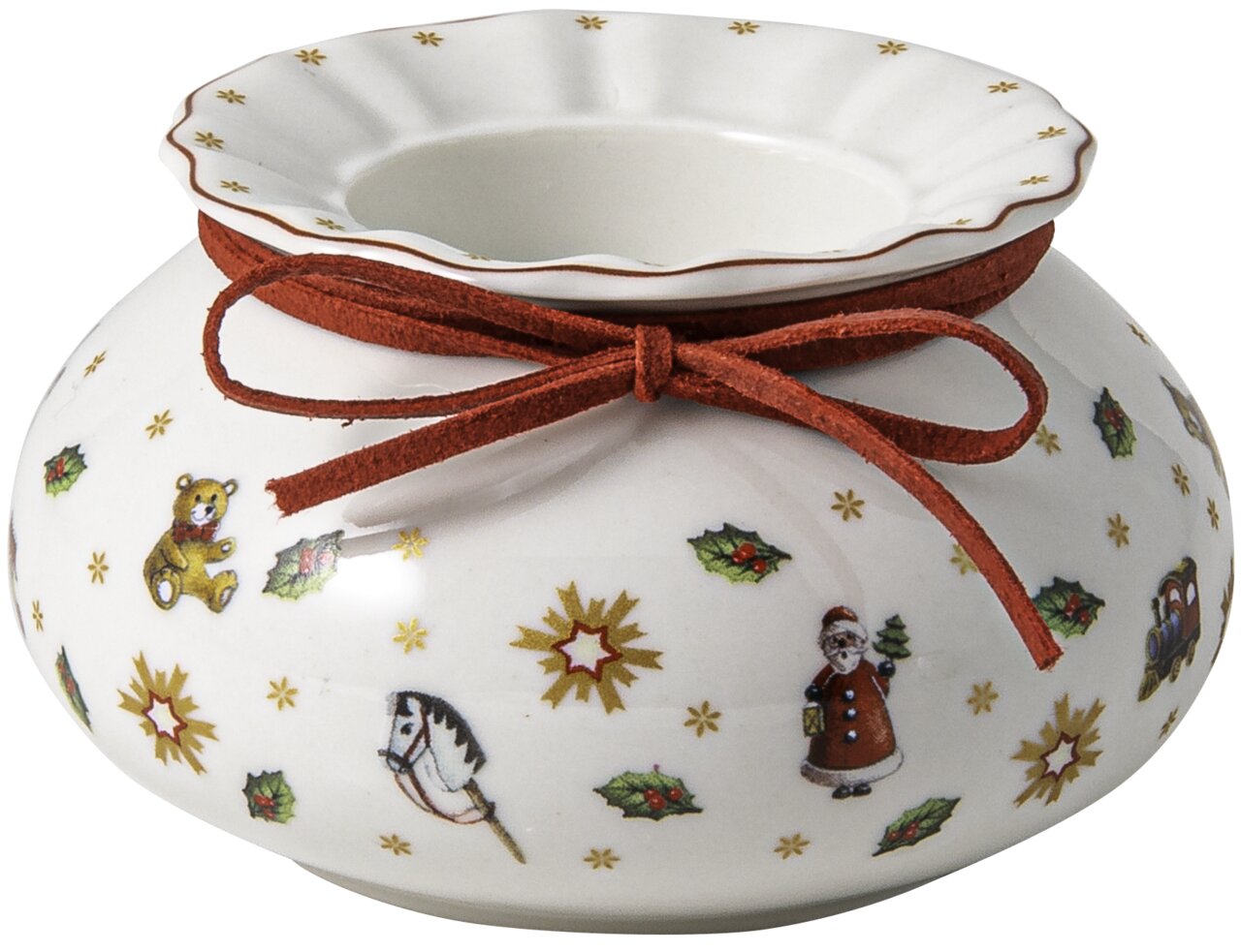 Weißer Teelichthalter mit weihnachtlichen Motiven und rotem Band, seitliche Perspektive