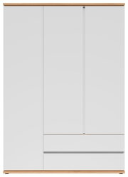 Weißer moderner Kleiderschrank mit glatten Fronten, mittiger Tür und zwei Schubladen, Holzabschluss oben und unten, Frontalansicht.