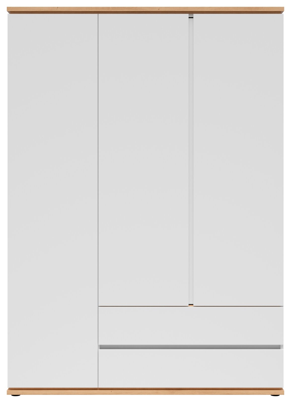 Weißer moderner Kleiderschrank mit glatten Fronten, mittiger Tür und zwei Schubladen, Holzabschluss oben und unten, Frontalansicht.