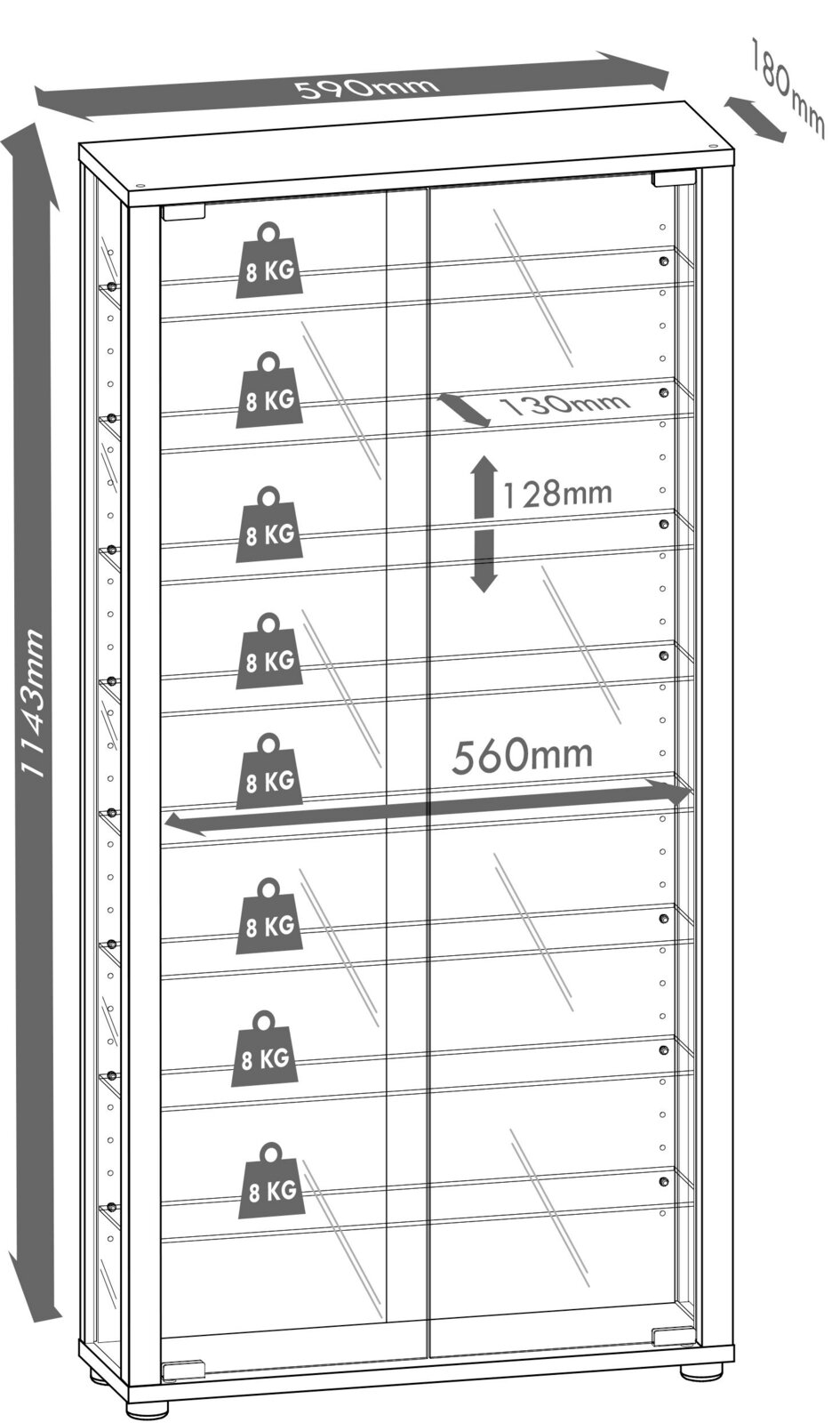 Glasvitrine mit zwei Schiebetüren und mehreren Glasböden, je Boden bis 8 kg belastbar; Maße ca. 590 x 180 x 1143 mm, Innenbreite ca. 560 mm; perspektivische Frontansicht leicht von oben.