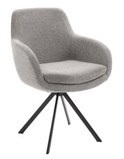 Grauer Armlehnstuhl mit gepolstertem Sitz und Rückenlehne, auf schwarzem Metallgestell, seitliche Perspektive