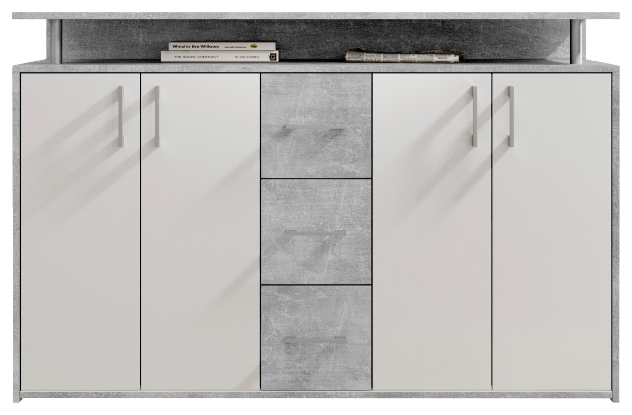 Frontale Ansicht eines modernen Sideboards mit zwei weißen Türen und drei grauen Schubladen in der Mitte, dekoriert mit Büchern und einer Zeitung auf der oberen Ablage.