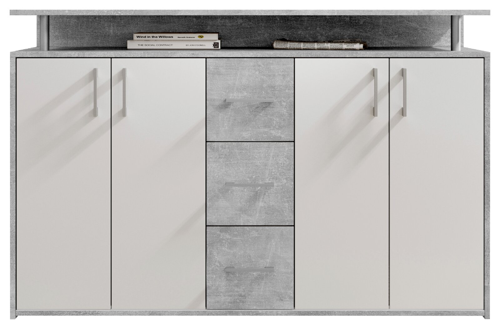 Frontale Ansicht eines modernen Sideboards mit zwei weißen Türen und drei grauen Schubladen in der Mitte, dekoriert mit Büchern und einer Zeitung auf der oberen Ablage.