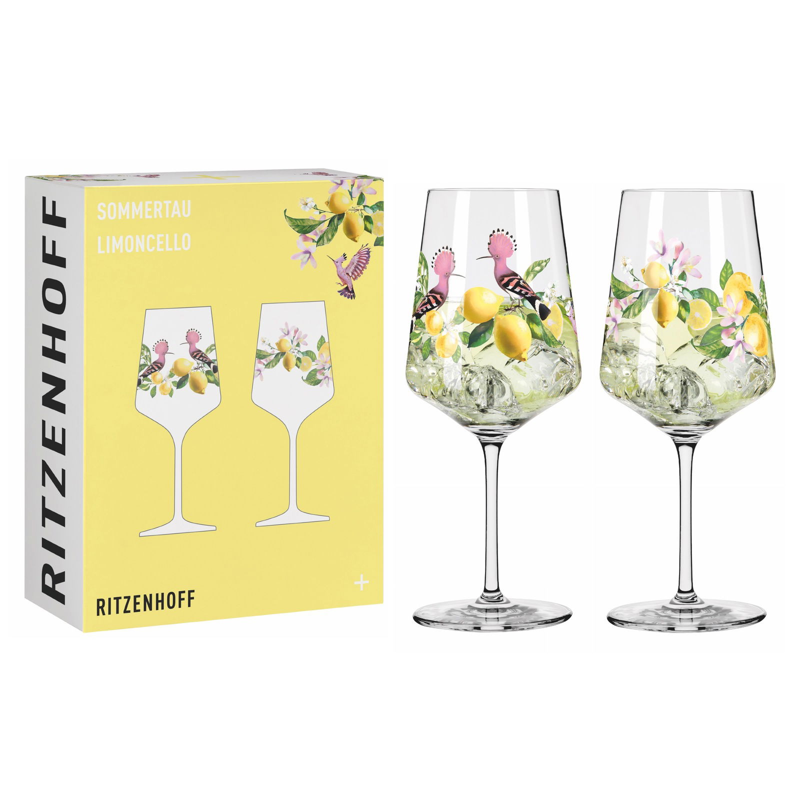 Zwei elegante Weingläser mit farbenfrohem Limoncello-Motiv, bestehend aus Zitronen und Blumen, neben der Verpackung mit gleichem Design, aus frontaler Perspektive.