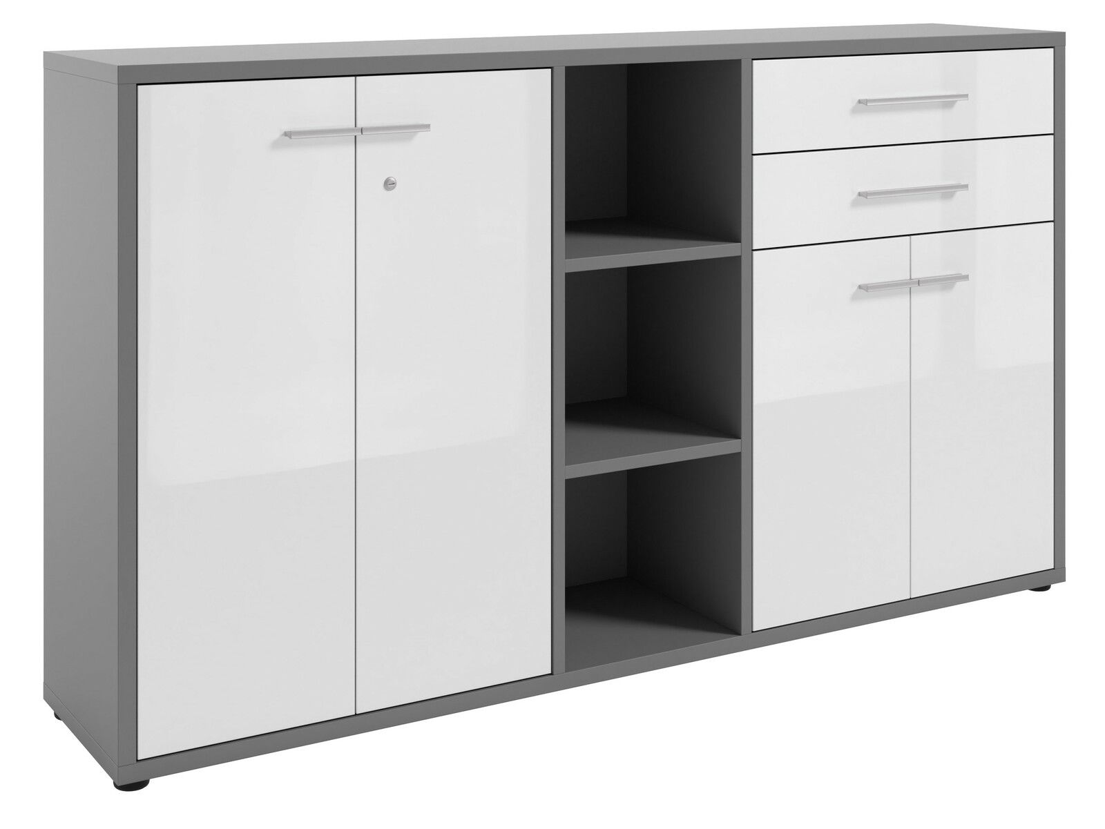 Moderner Aktenschrank mit zwei Türen, drei Schubladen und offenen Regalfächern, Perspektive von vorne.