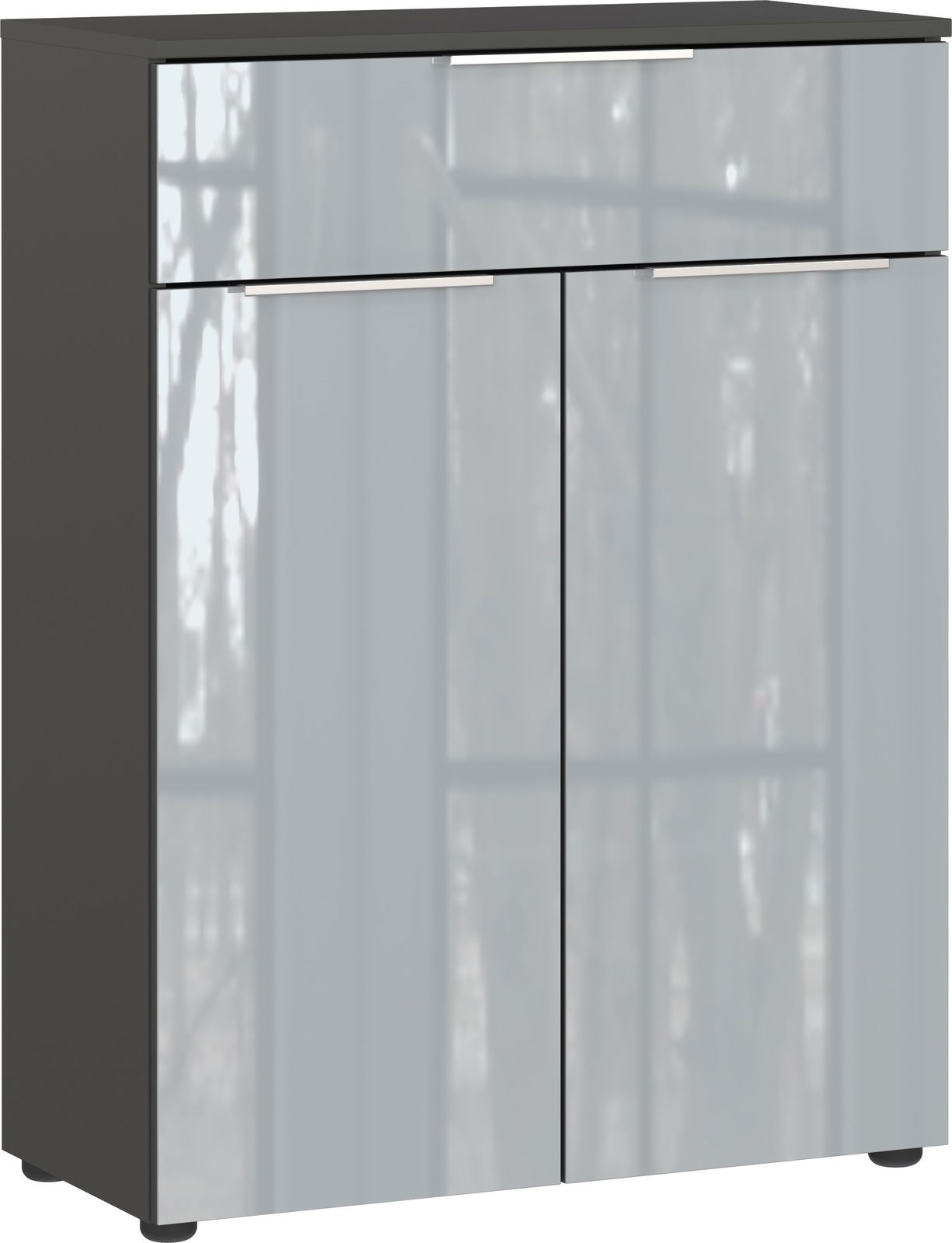 Moderne Kommode mit glänzender Front, zwei Türen und einer Schublade, frontal abgebildet.