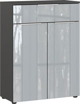 Moderne Kommode mit glänzender Front, zwei Türen und einer Schublade, frontal abgebildet.