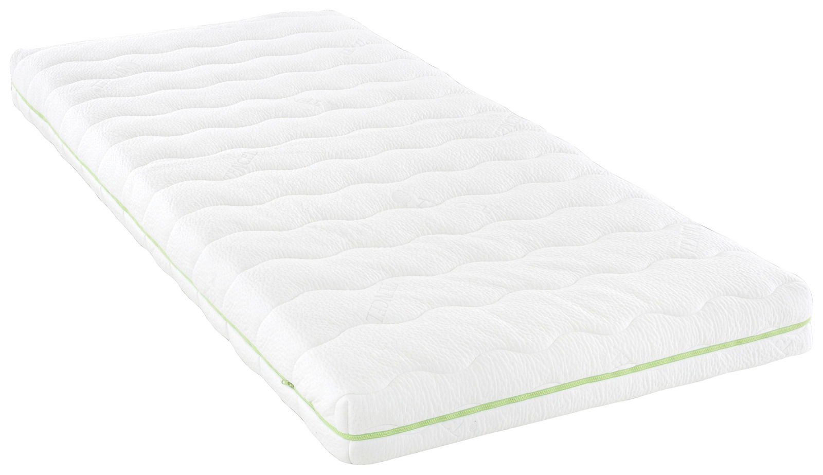 Träumeland Jugendmatratze POLARLICHT Weiße Jugendmatratze 90x200 cm mit wellenförmigem Muster und grünem Rand, seitliche Perspektive