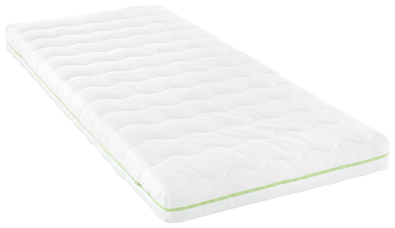 Träumeland Jugendmatratze POLARLICHT Weiße Jugendmatratze 90x200 cm mit wellenförmigem Muster und grünem Rand, seitliche Perspektive