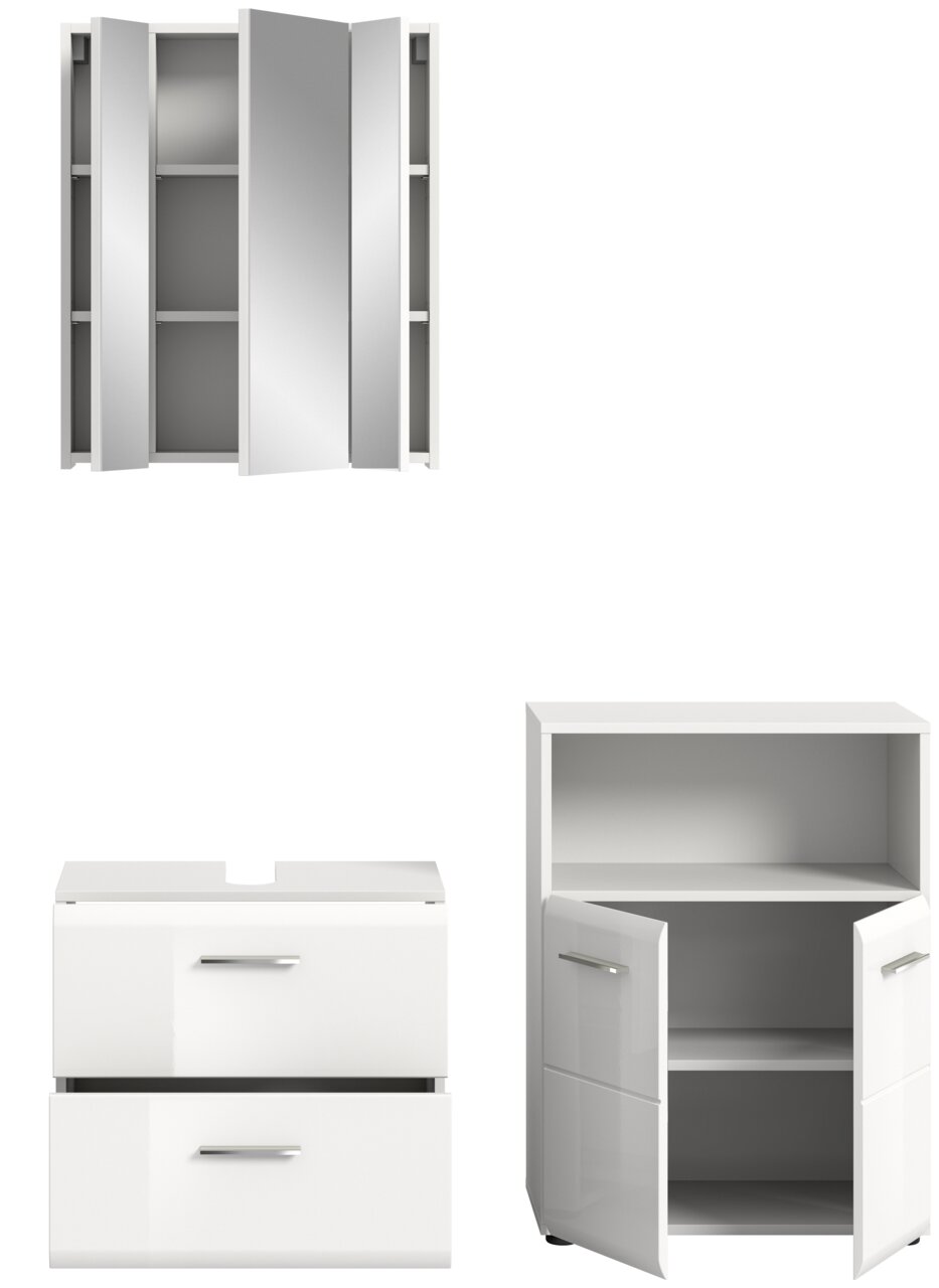 Badezimmermöbel-Set bestehend aus einem Spiegelschrank mit offenen Türen, einem Waschtischunterschrank mit zwei Schubladen und einem Hochschrank mit offenen Türen, aus der Frontalperspektive.