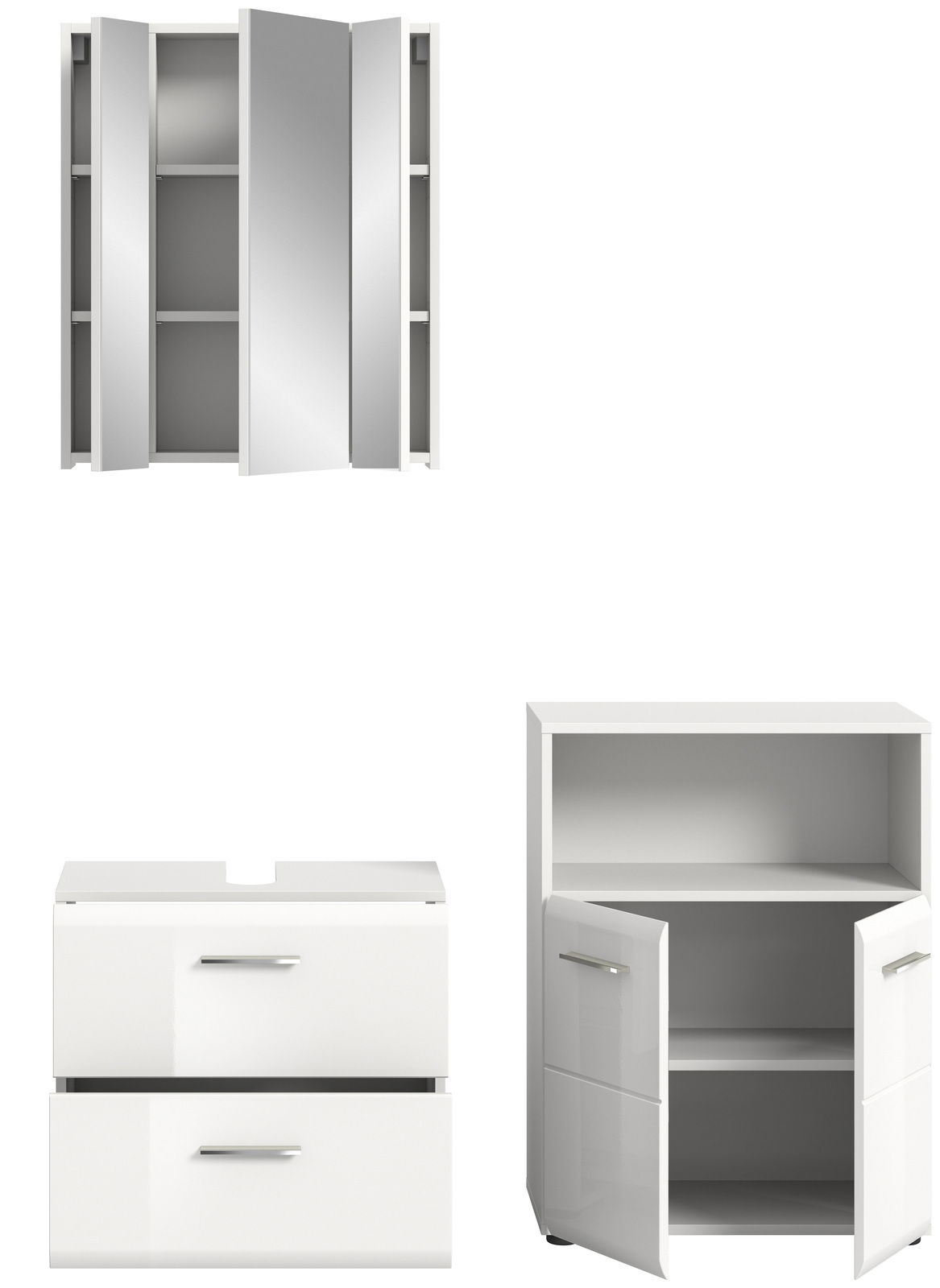 Badezimmermöbel-Set bestehend aus einem Spiegelschrank mit offenen Türen, einem Waschtischunterschrank mit zwei Schubladen und einem Hochschrank mit offenen Türen, aus der Frontalperspektive.
