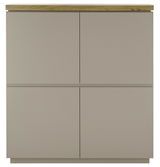 Frontansicht eines modernen Highboards mit vier Türen und einer Holzplatte oben.
